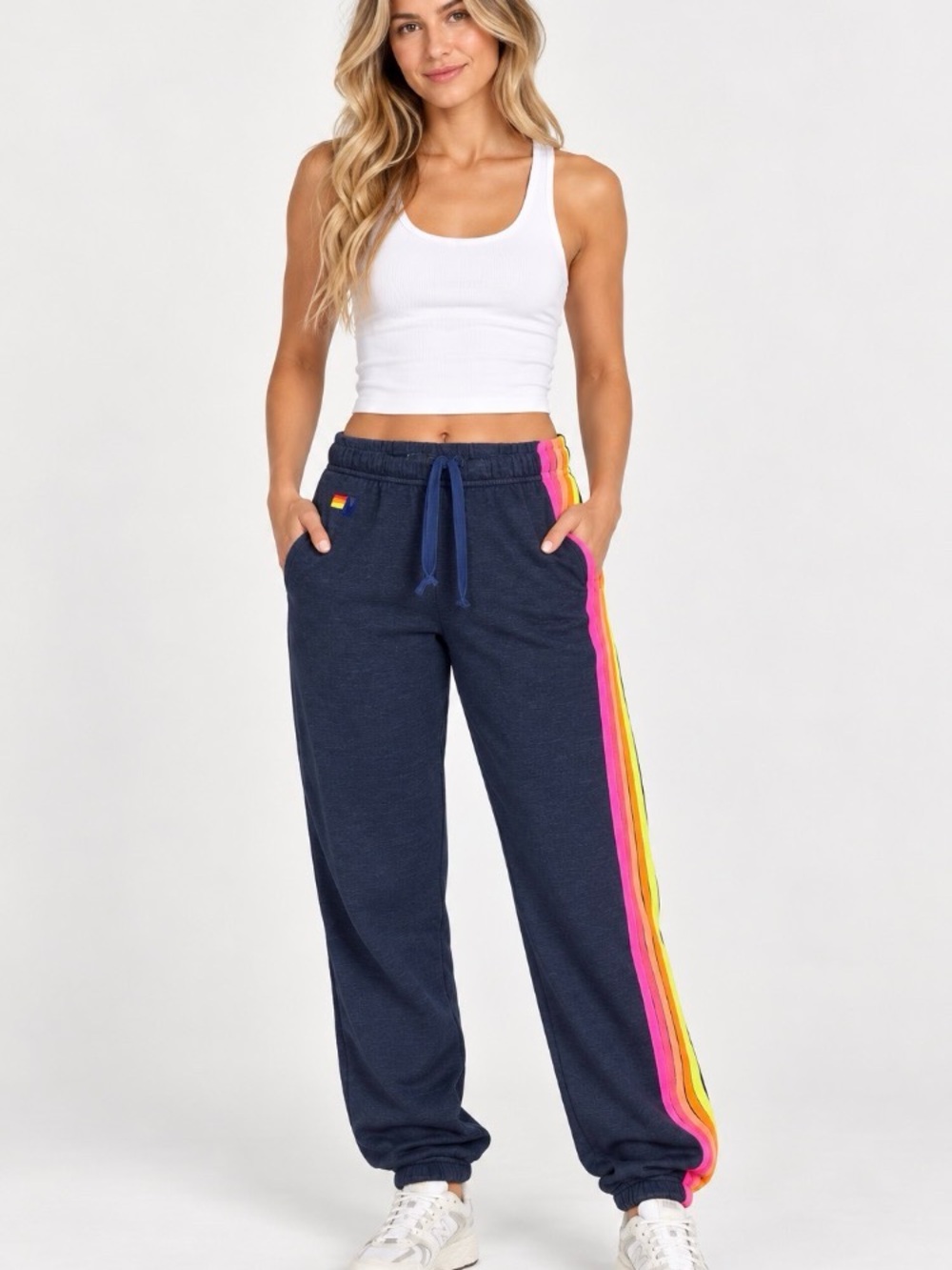 Aviator Nation iconic 5 Stripe
Sweatpants in Heather Navy /
Neon Rainbow Size XS